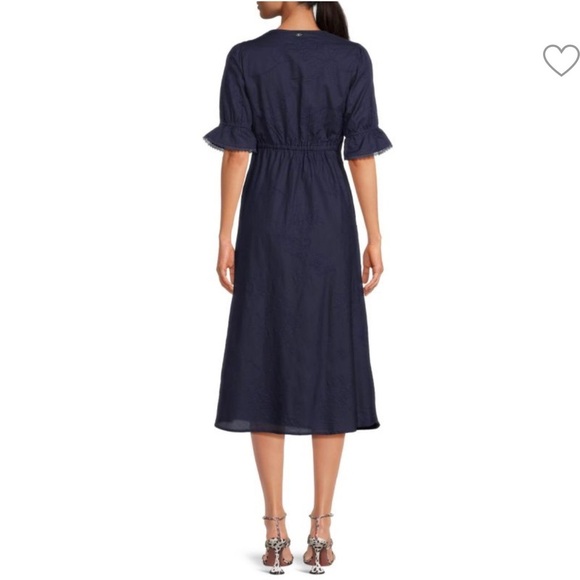 Sam Edelman Dasie Lace Detail A-Line Cotton Midi Dress in Navy Blue Size Medium - Picture 3 of 16